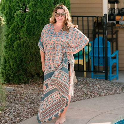 Aanya adjustable long boho kaftan dress by Darn Good Yarn, handmade crochet knit in eco-friendly yarn, plus size women's clothing.