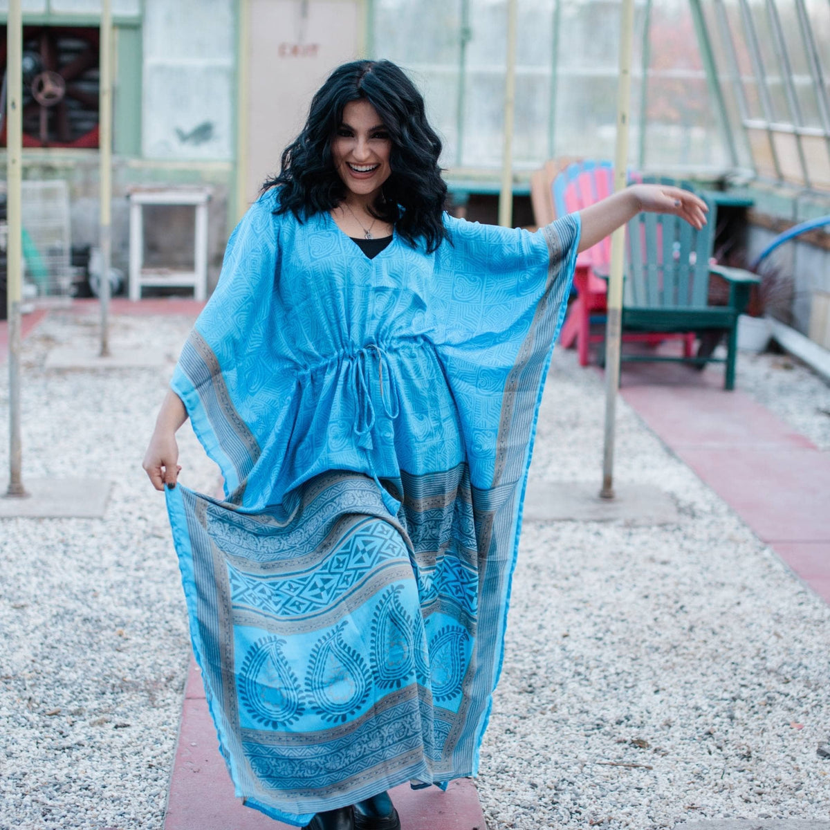 Darn Good Yarn Aanya adjustable long kaftan dress in eco-friendly crochet knit, boho style, plus size, women's clothing.