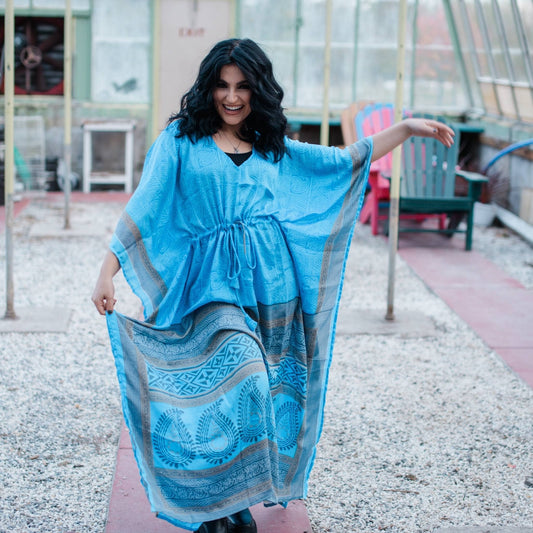 Darn Good Yarn Aanya adjustable long kaftan dress in eco-friendly crochet knit, boho style, plus size, women's clothing.