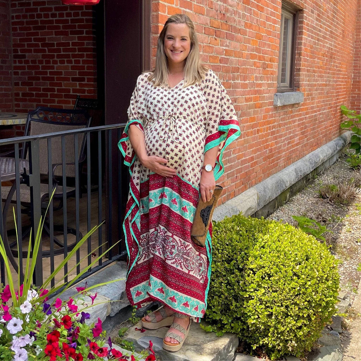 Darn Good Yarn Aanya adjustable long boho kaftan dress in eco-friendly crochet knit, plus size women's clothing with flowing style.