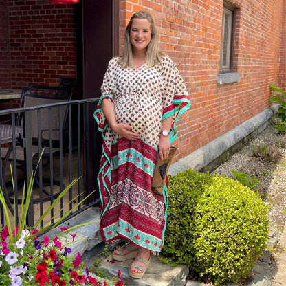 Darn Good Yarn Aanya adjustable long boho kaftan dress in eco-friendly crochet knit, plus size women's clothing with flowing style.