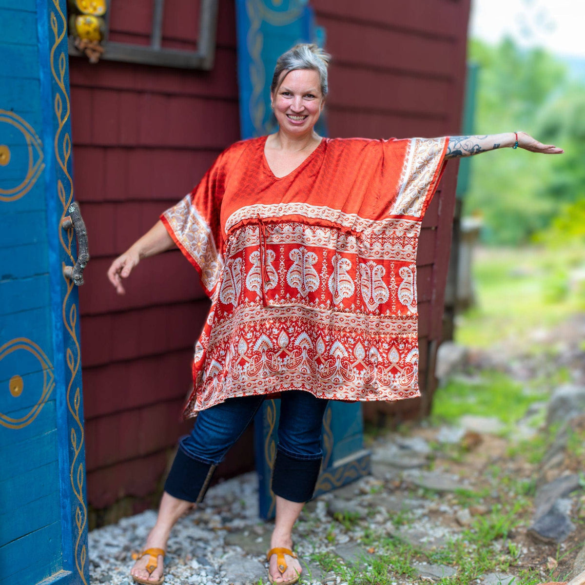 Darn Good Yarn Surplus Aanya adjustable short kaftan in eco-friendly yarn, boho style, plus size women's clothing.