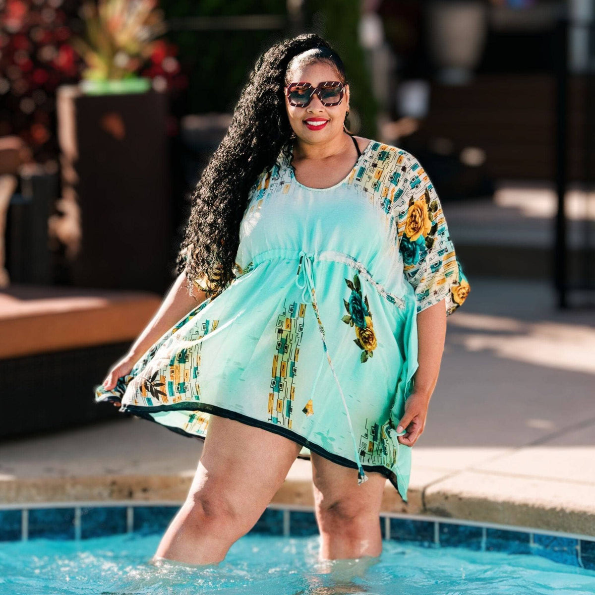 Darn Good Yarn Surplus Aanya Adjustable Short Kaftan in eco-friendly knit, boho style, plus size women's clothing.