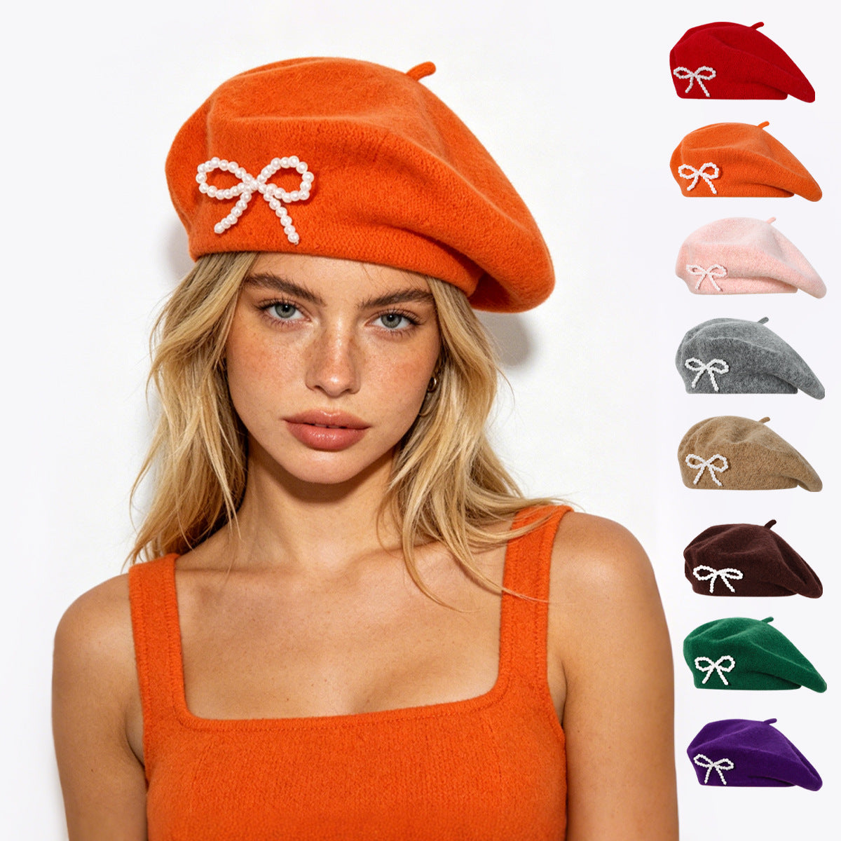 Pearl bow wool breathable beret in a soft, textured design with decorative pearl accents and a feminine bow detail