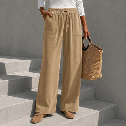 Women's corduroy wide leg pants with elastic waist and drawstring, loose casual long pants