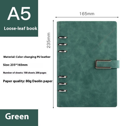 A5 loose-leaf removable notebook for business office meetings, open pages with ring binder rings