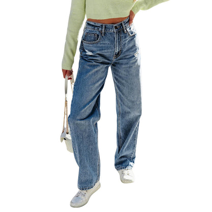 Women's loose-fit straight-leg ripped high-elastic jeans in denim, front view