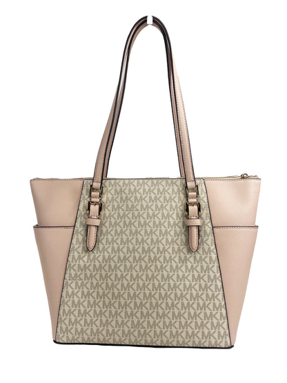 Michael Kors Charlotte zip leather tote bag in black with gold hardware, featuring dual top handles and spacious interior.