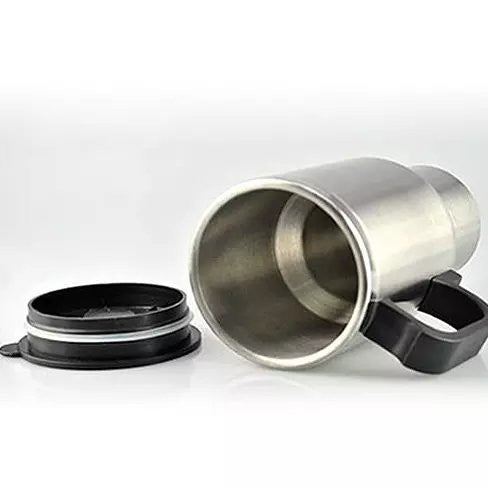 Stainless steel Coffee Hug car mug with built-in warmer, designed for keeping coffee hot on the go, by BACKUPMYFILESNOW.COM®.