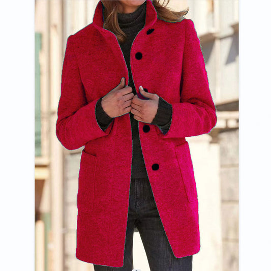 Women's stand collar woolen coat with pockets and button front for fall and winter fashion