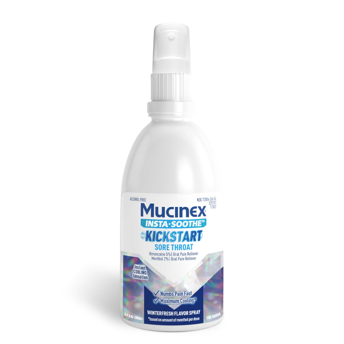 BACKUPMYFILESNOW® Mucinex InstaSoothe Throat Relief Numbing Spray bottle with spray nozzle, designed to soothe sore throats.