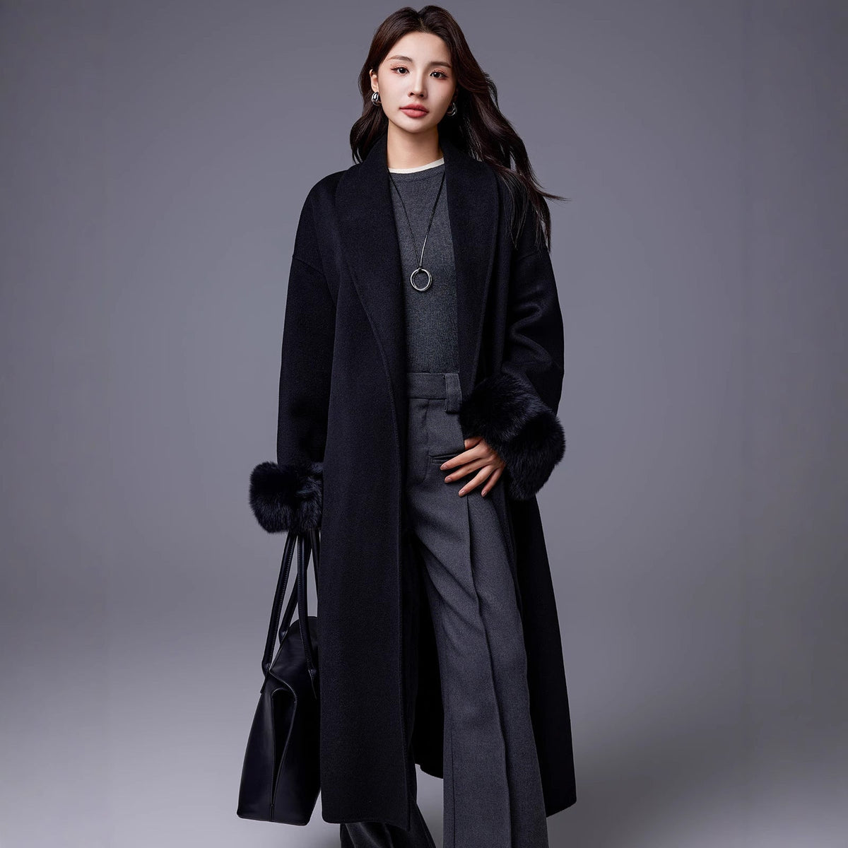 Women's belted wool-blend coat with thickened design and fox-fur sleeves