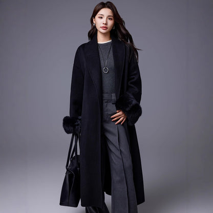 Women's belted wool-blend coat with thickened design and fox-fur sleeves