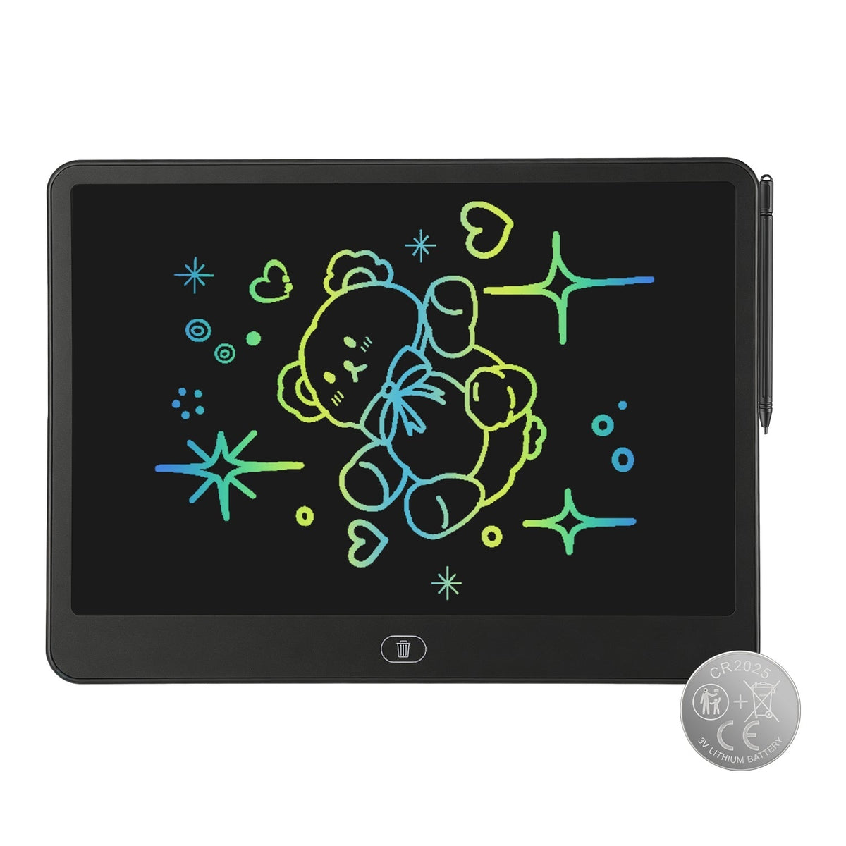GBruno Store LCD writing tablet for kids with stylus and lock function, showing a colorful drawing on the screen.