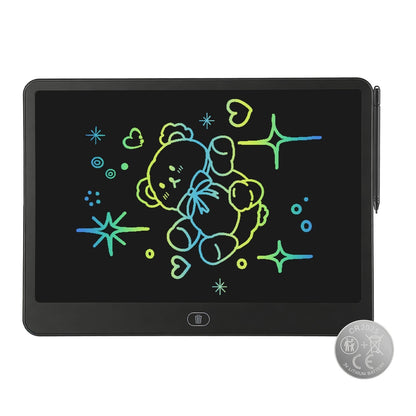 GBruno Store LCD writing tablet for kids with stylus and lock function, showing a colorful drawing on the screen.