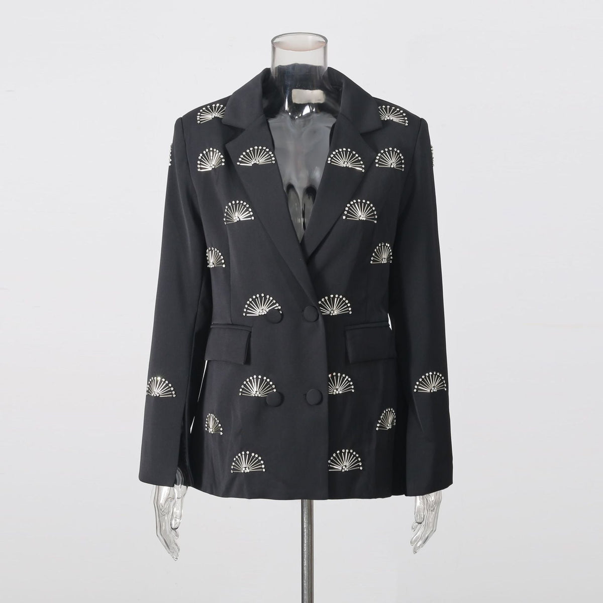 Rhinestone fan motif double-breasted notched lapel tailored blazer jacket front view