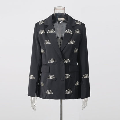 Rhinestone fan motif double-breasted notched lapel tailored blazer jacket front view
