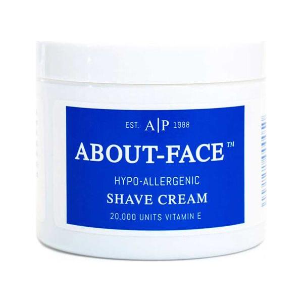 Hypoallergenic About Face Shave Cream by Pasteur Pharmacy in a 4.25 oz tube, creamy texture suitable for sensitive skin.