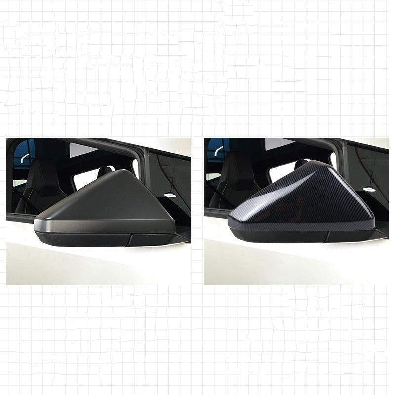 Carbon fiber pattern ABS mirror covers for Tesla Cybertruck, featuring two finish options, by Tesery.