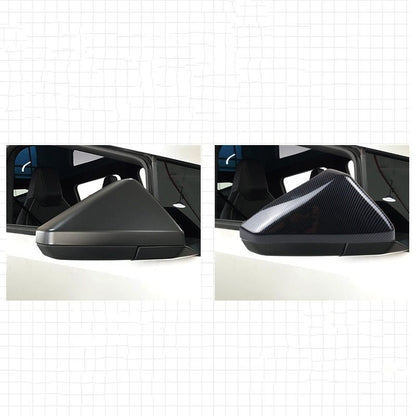 Carbon fiber pattern ABS mirror covers for Tesla Cybertruck, featuring two finish options, by Tesery.