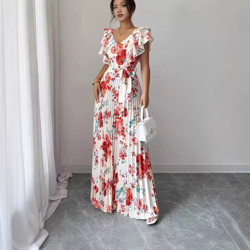 Women's V-neck printed ruffle A-line dress by My Store