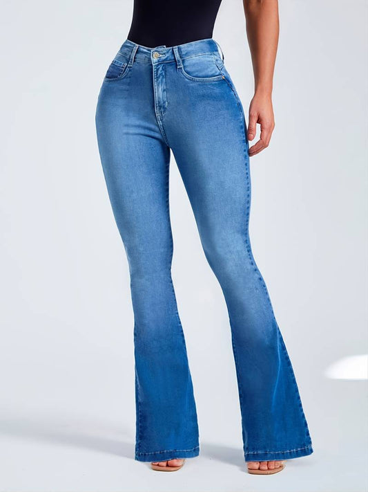 Dark wash high-rise skinny bell bottom jeans by BACKUPMYFILESNOW® with fitted silhouette and flared bell bottom style.