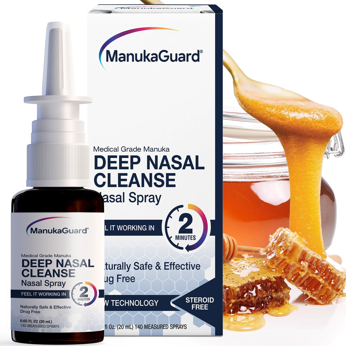 BackupMyFilesNow® ManukaGuard premium Manuka honey nasal spray in 0.65 oz bottle, featuring MGO 600 for nasal health.