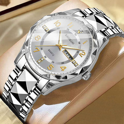 Men's dual calendar fashion waterproof luminous quartz watch with visible date display and glowing hands