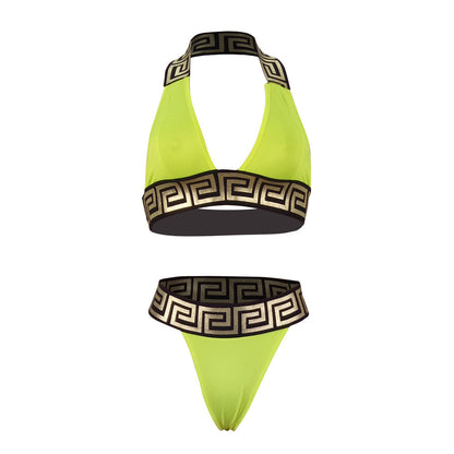 Printed bikini two-piece swimsuit in a colorful pattern with adjustable straps and matching bottoms