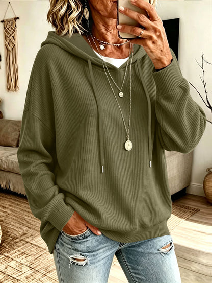 Women's solid color knitted hooded sweater with drawstring, pockets, and loose fit; European size outer top