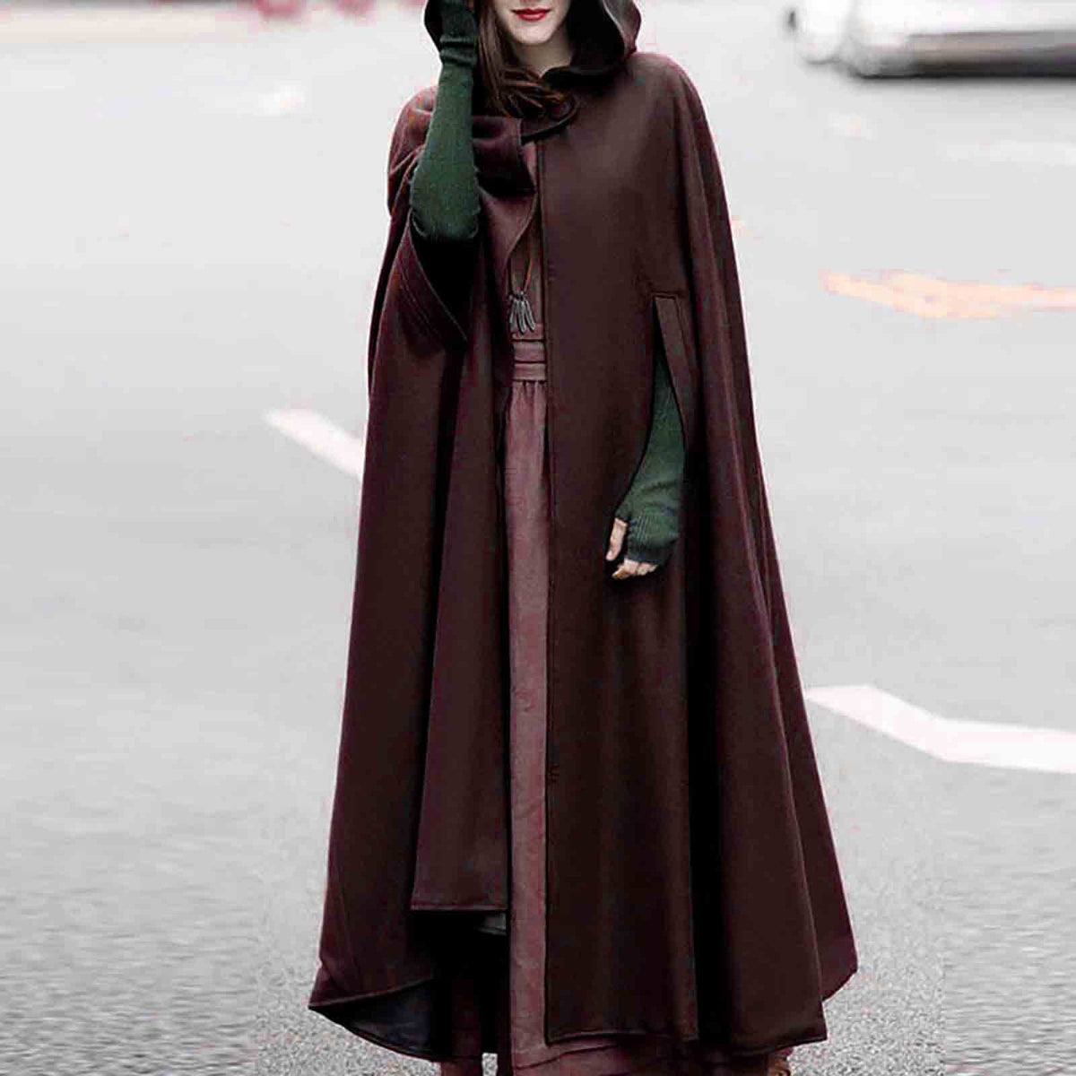 Four-color hooded tie shawl in a draped style with a cozy hood and front tie closure