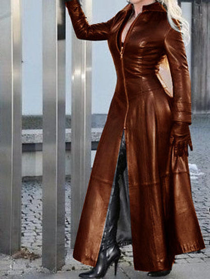 Women's long leather coat with stand collar, fashion outerwear from My Store