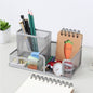 Creative metal four-grid pen holder for office use by BACKUPMYFILESNOW.COM®, featuring a sleek, durable design for organizing pens and stationery.