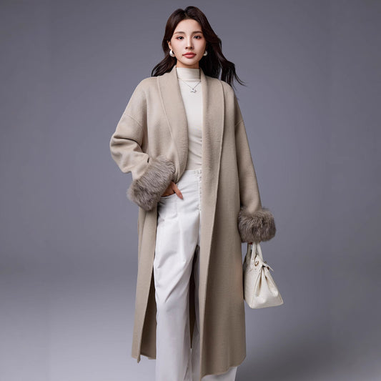 Women's thickened belted wool blend coat with luxurious fox-fur sleeves