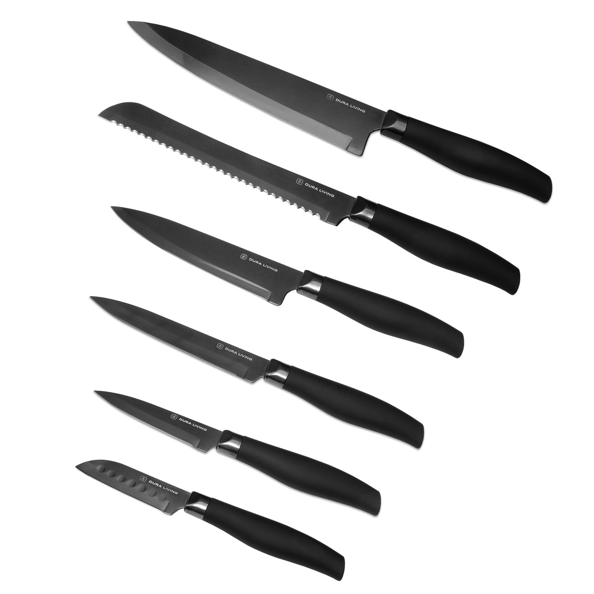 Dura Living Titan 12-piece black kitchen knife set with various knives and a sharpening steel arranged on a wooden countertop.
