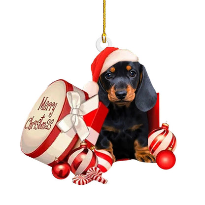 Christmas sausage dog decorations for home, festive dachshund ornaments displayed together
