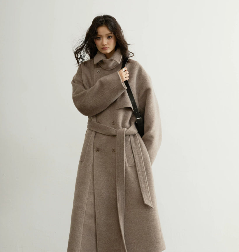 Retro-chic oat-beige belted wool coat in a long silhouette by My Store
