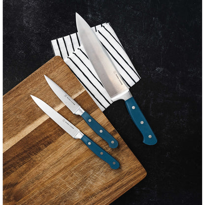 Dura Living Superior 3-piece kitchen knife set with royal blue handles, includes chef’s, bread, and utility knives.
