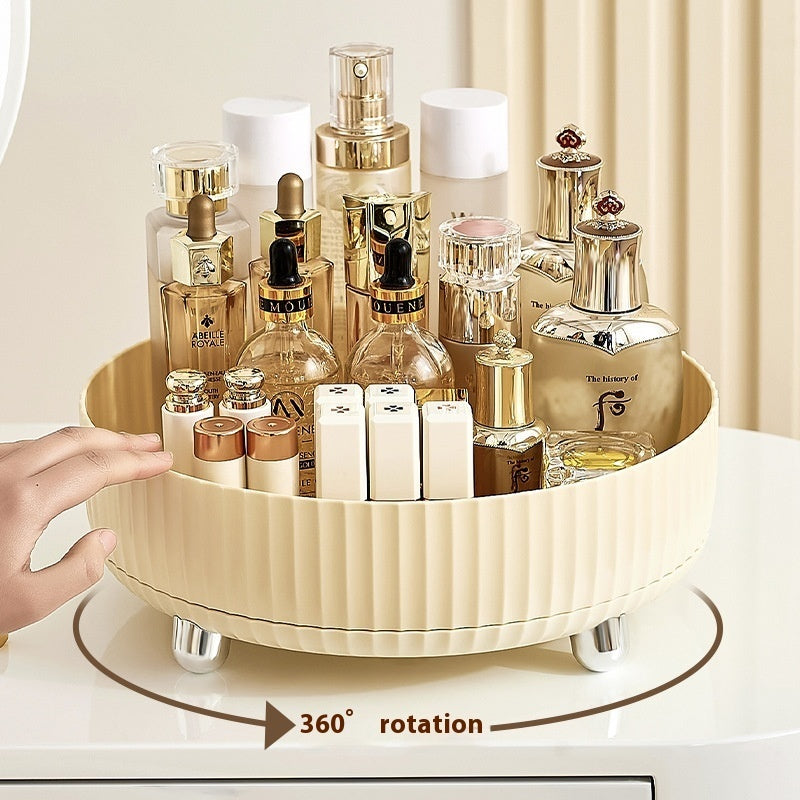 Plastic rotating cosmetics storage box with tiered compartments, clear organizer design