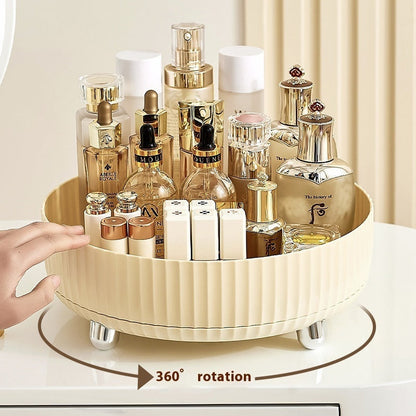 Plastic rotating cosmetics storage box with tiered compartments, clear organizer design