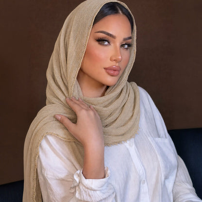 Cross-border Arrival rayon crinkle long scarf with chain pattern and fringed edges, displayed flat