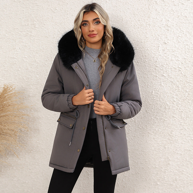 Women's fleece-lined mid-length hooded cotton padded jacket in a warm winter style