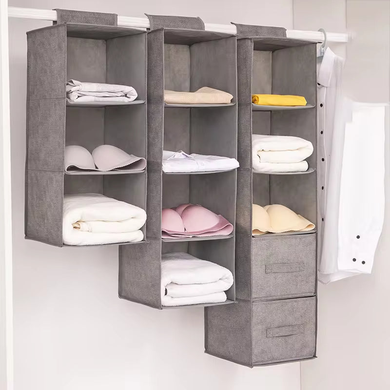 Drawer storage closet hanging bag with multiple compartments for organized clothing and accessories