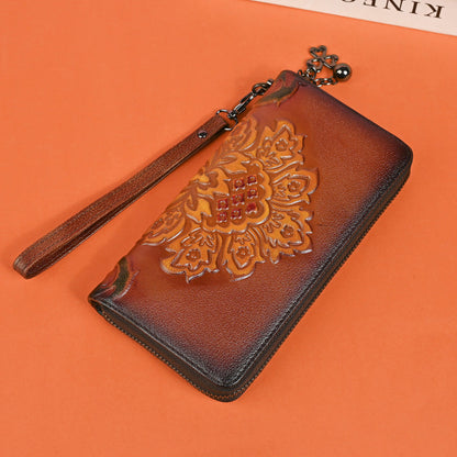 Genuine Leather Long Wallet Fashionable Zipper Clutch Bag Printed Hand-Painted Handbag