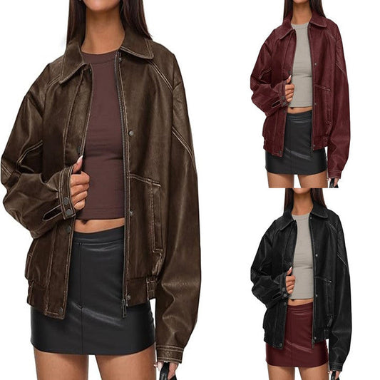 Women's PU leather jacket with front zip closure and casual coat design