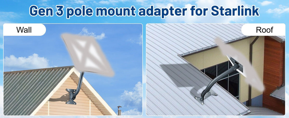 Adjustable Roof Wall Mount Kit V4 for Starlink Gen3 satellite dish, shown installed on a roof with mounting hardware.
