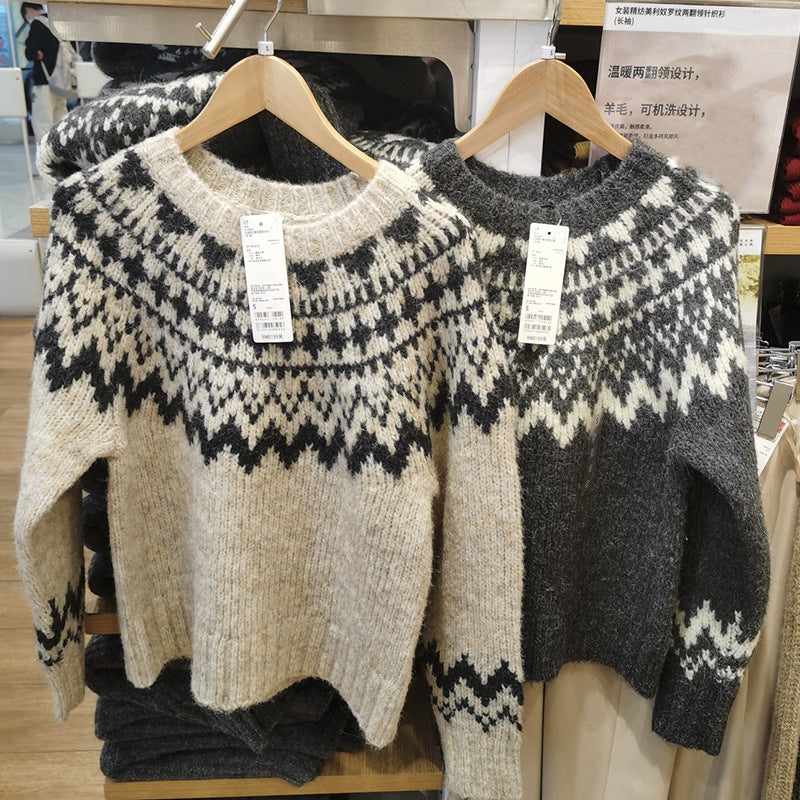 Women's thick-knit printed round-neck sweater with long sleeves for autumn and winter
