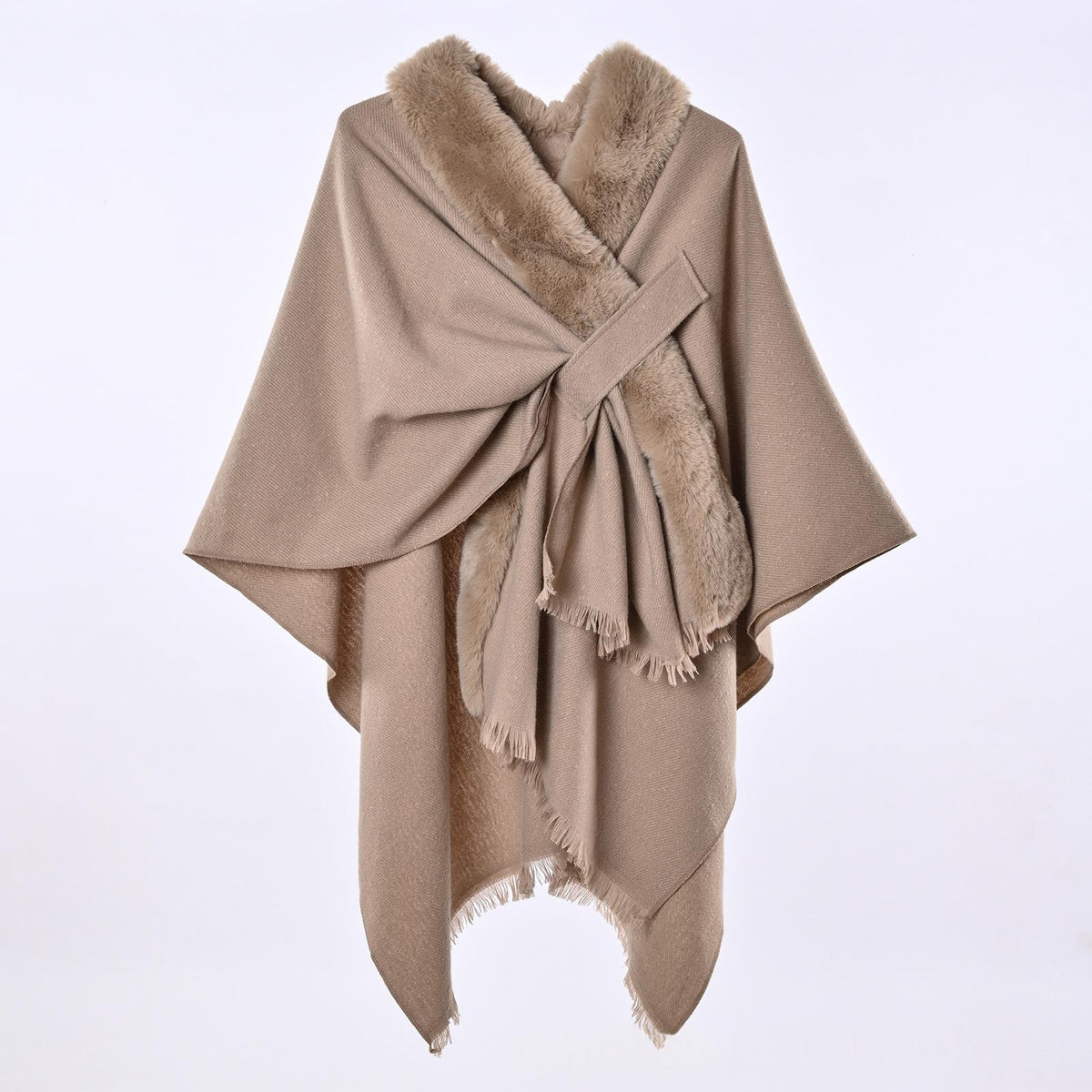 Warm and Warm straps shawl and cloak draped as a versatile wrap garment