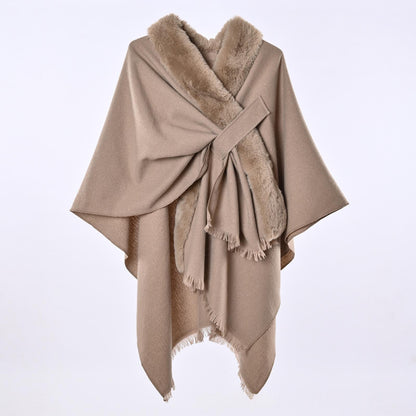 Warm and Warm straps shawl and cloak draped as a versatile wrap garment