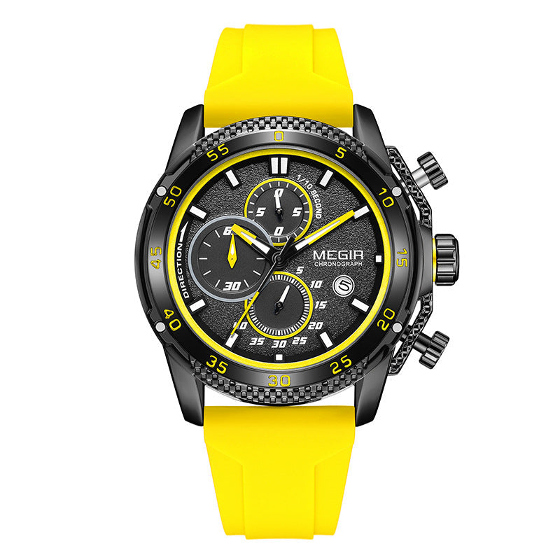 Multifunctional three-eye chronograph watch with black silicone strap and detailed dial